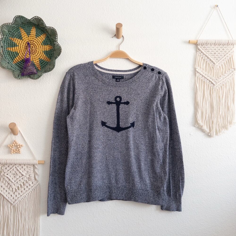 Nautica Navy and White Marled Nautical Anchor Sweater Size Medium